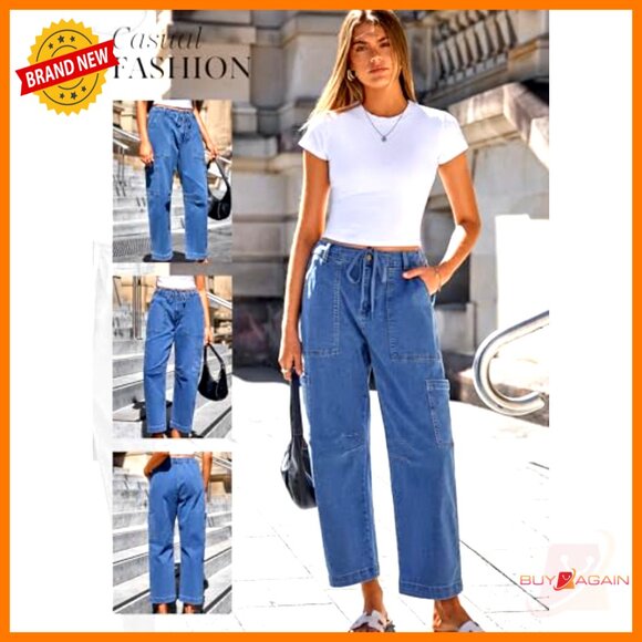 High Waisted Straight Wide Leg Cargo Denim Pants Loose Fit with Pockets - Picture 5 of 7